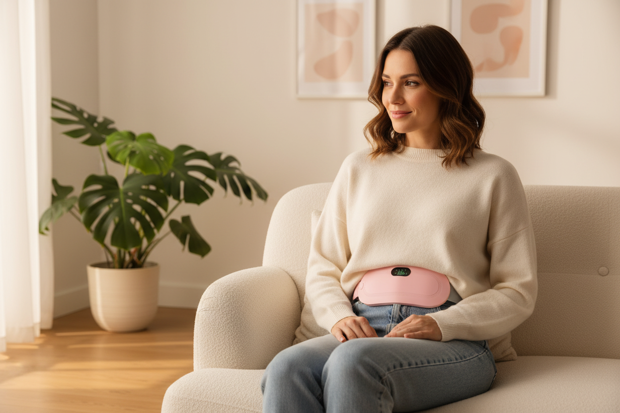 Woman wearing EnduraRelief Heated Relief Belt at home